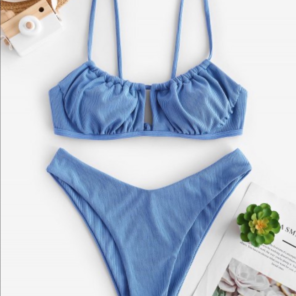 ZAFUL Ribbed High Cut Ruched Tie Bikini Set